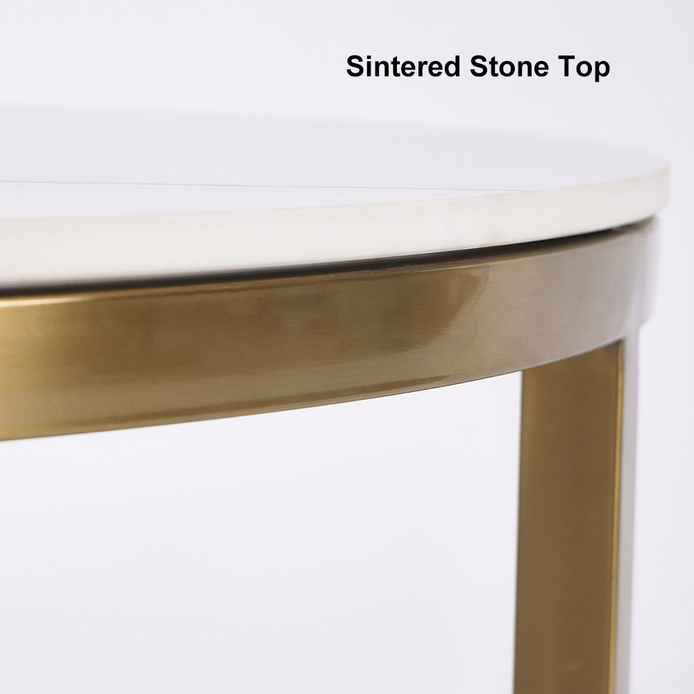Round Modern Stone Top Nesting Coffee Table Fluted with Drawer in White
