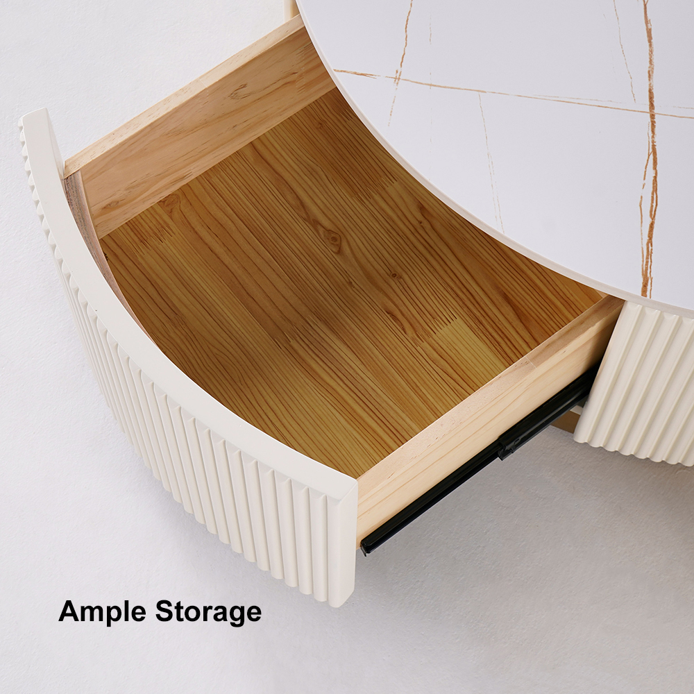 Round Modern Stone Top Nesting Coffee Table Fluted with Drawer in White