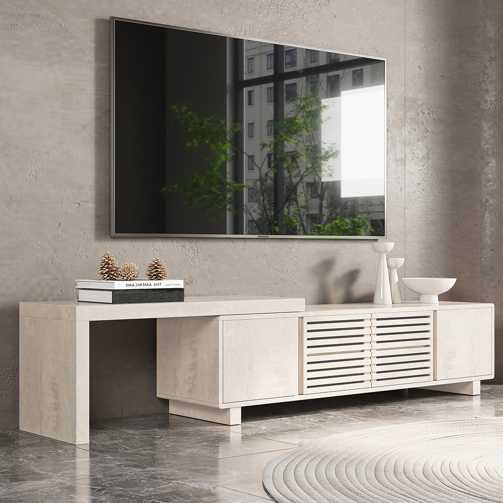 Distressed White Retracted & Extendable TV Stand with 4 Shelves Up to