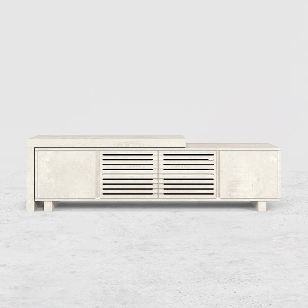 Distressed White Retracted & Extendable TV Stand with 4 Shelves Up to