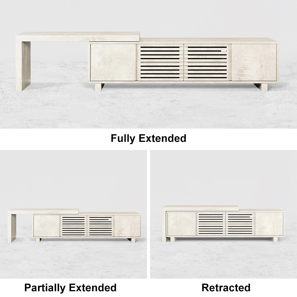 Distressed White Retracted Extendable TV Stand With 4 Shelves Up To   D6096a281ed0bcf2c23e312e087bdeb7 