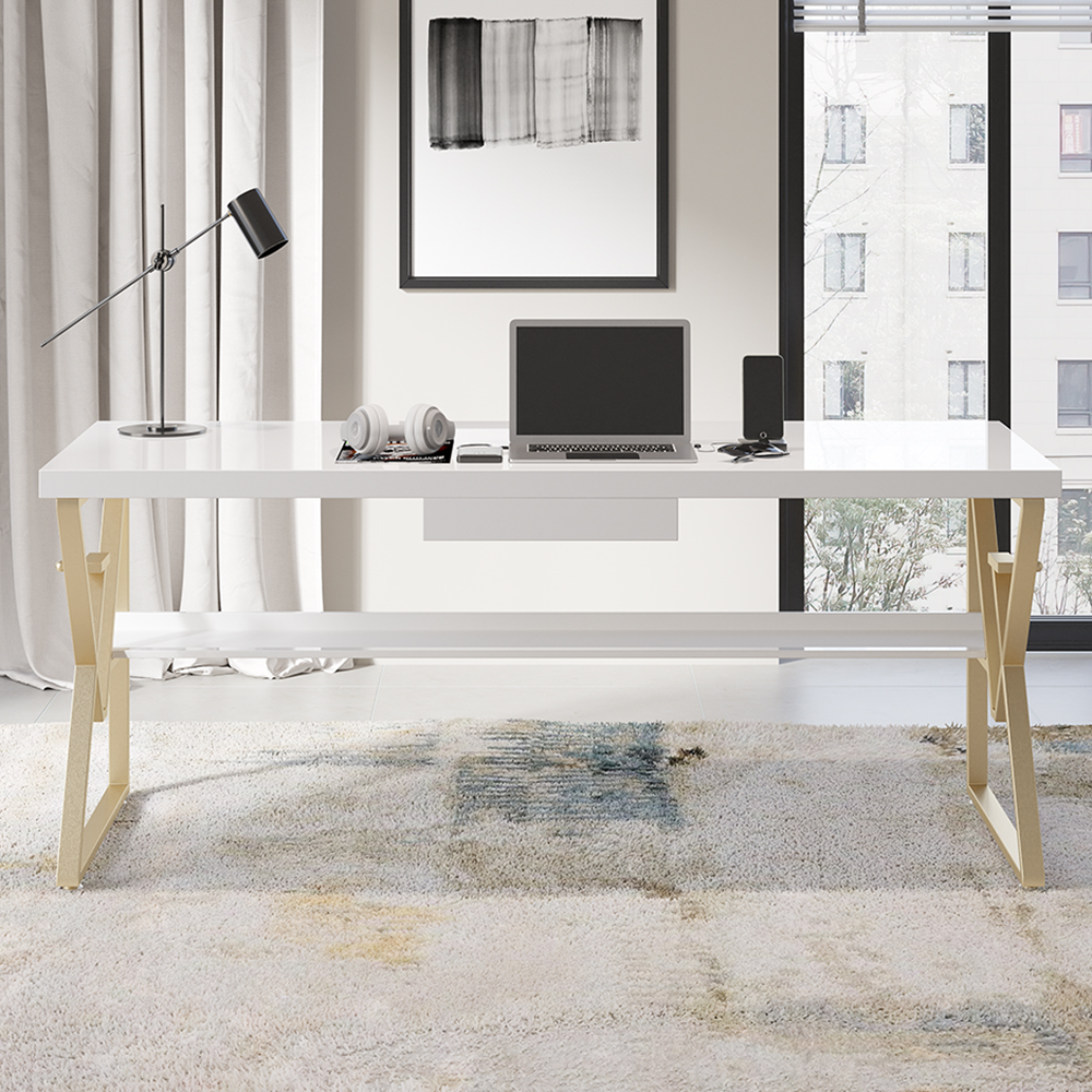 Modern White Writing Desk with Drawer & Shelf Wood Top & Metal Frame