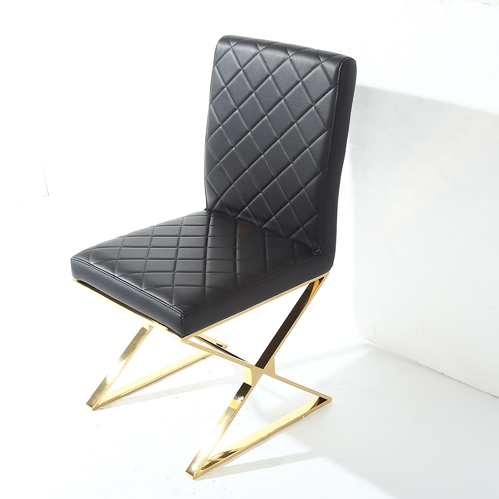 Modern Black Upholstered Leather Dining Table Chair Gold Legs (Set of 2
