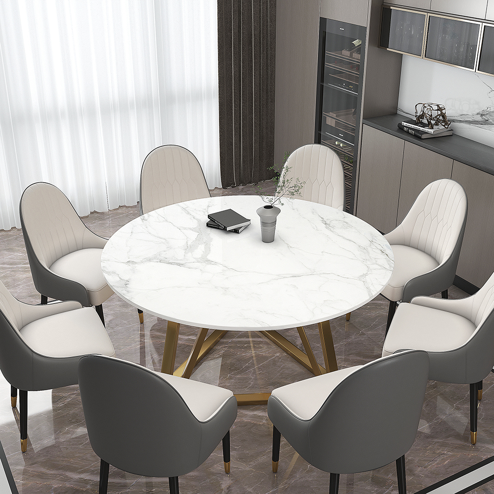 59'' White Modern Round Faux Marble Dining Table Stainless Steel Base