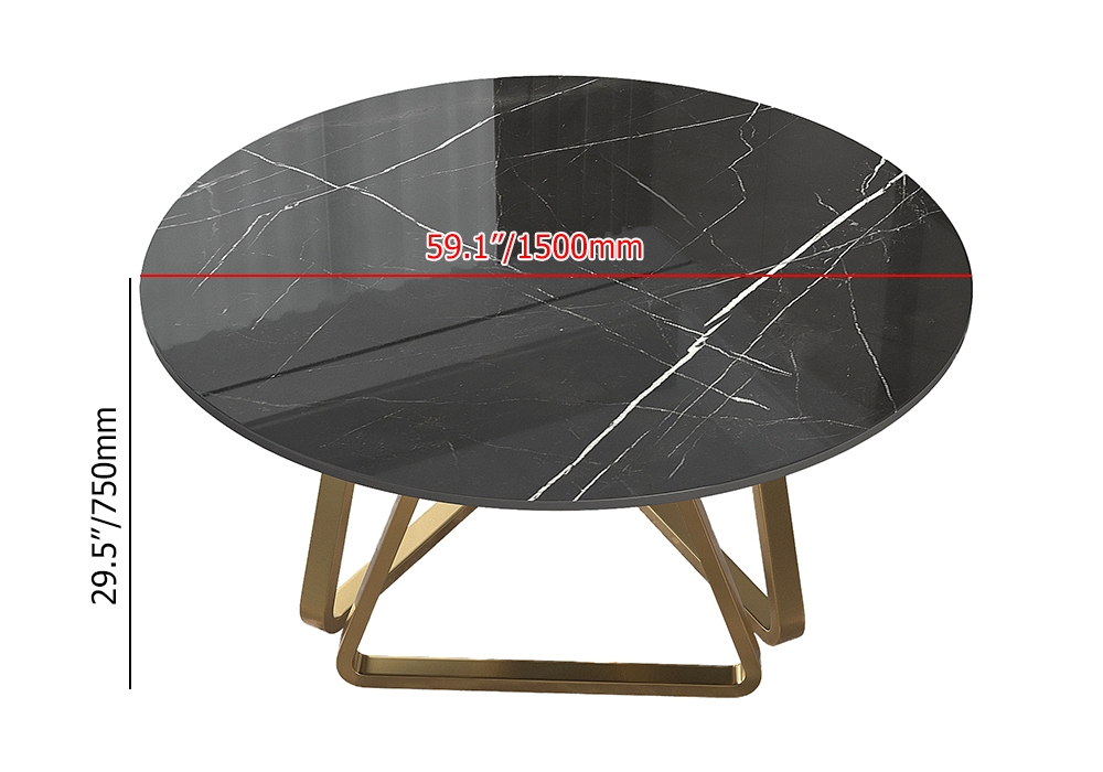 1500mm Black Modern Round Faux Marble Dining Table Gold Base for 8 ...