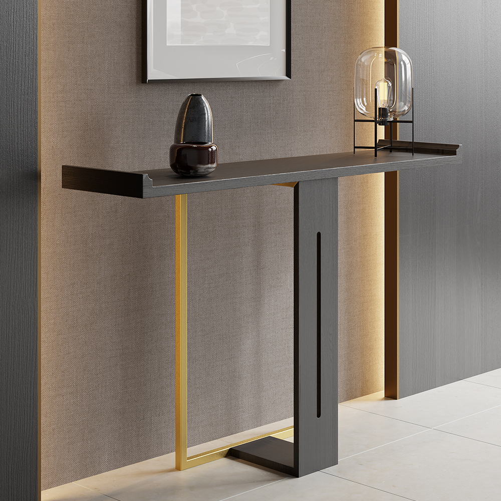 1000mm Narrow Console Table for Hallway Foyer Black Solid Wood & Gold Metal in Small