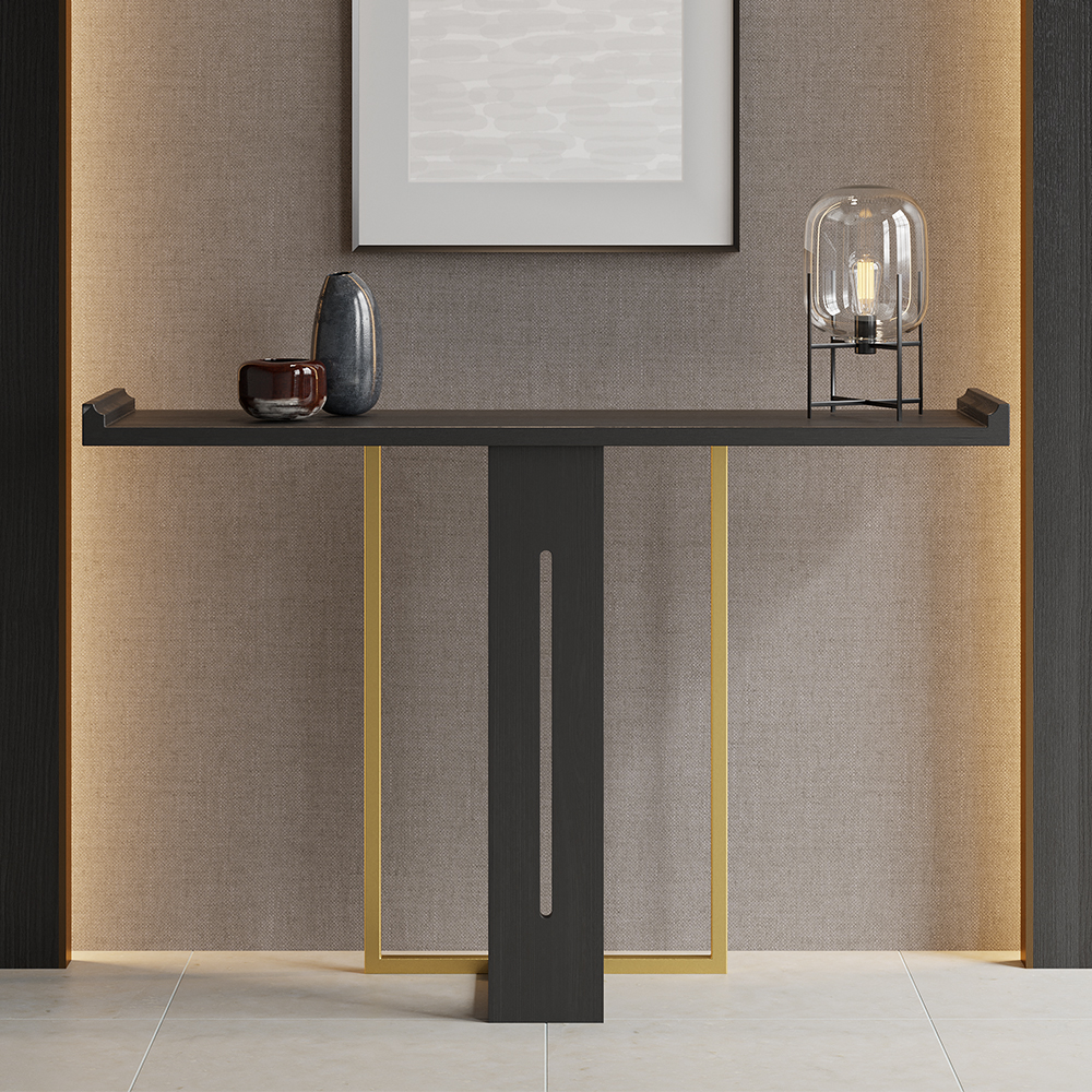 1200mm Narrow Console Table for Hallway Foyer Black Solid Wood & Gold Metal in Large