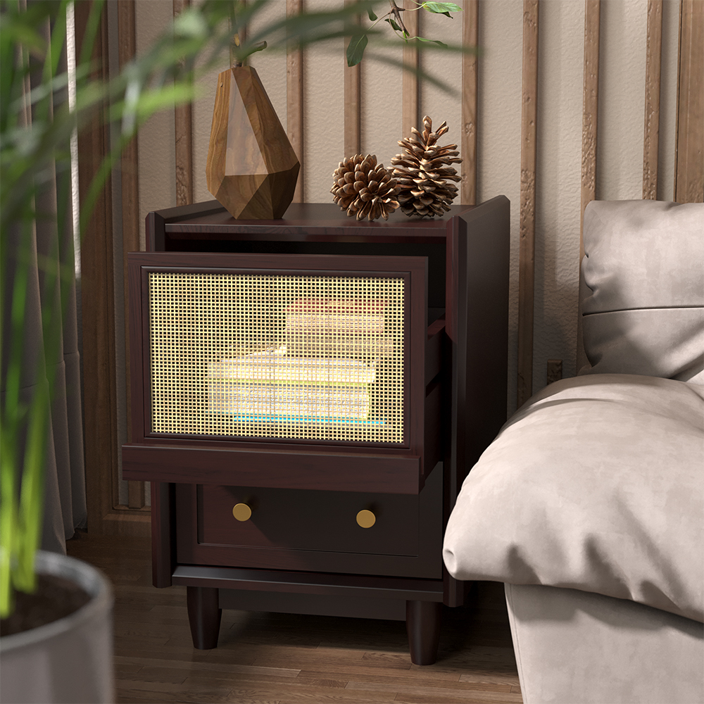 Rustic Rattan Black Walnut Nightstand with Storage Solid Wood 2 Drawer