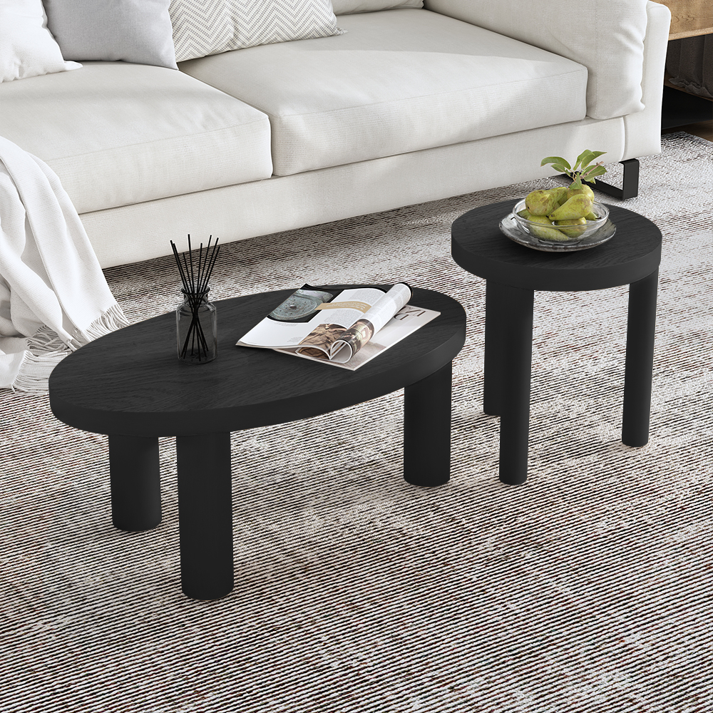 Threeens 35" Japandi Oval Black Pine Wood Coffee Table 3Legged Accent