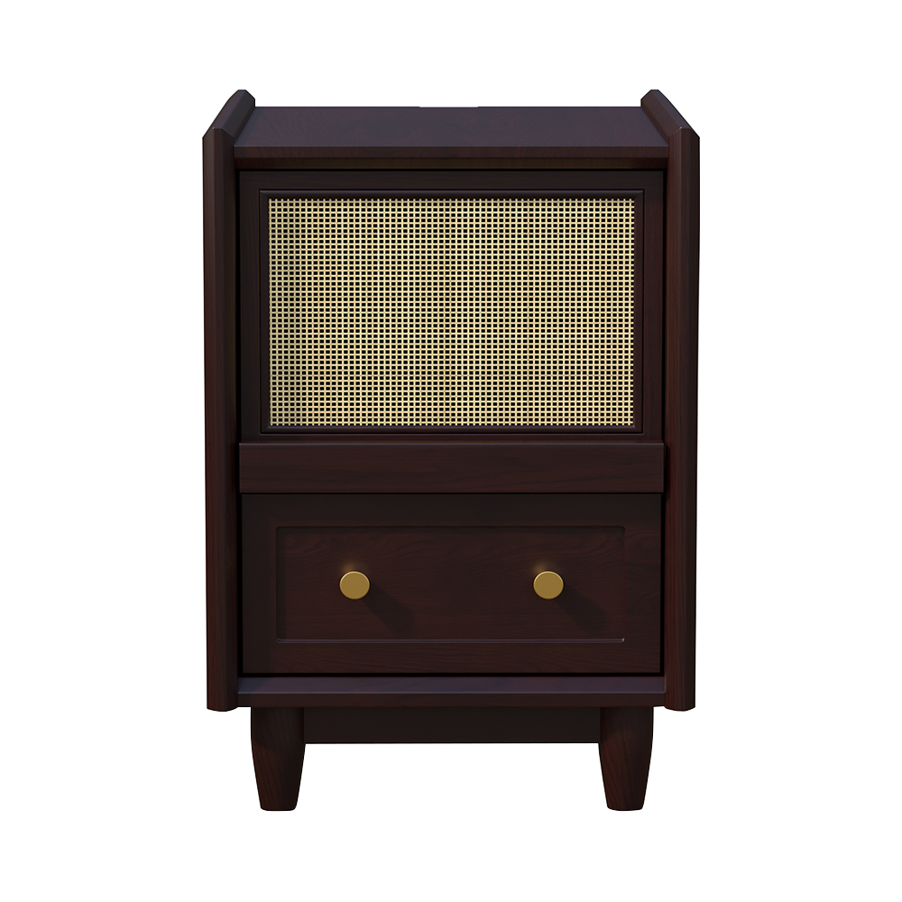 Rustic Rattan Black Walnut Nightstand with Storage Solid Wood 2 Drawer