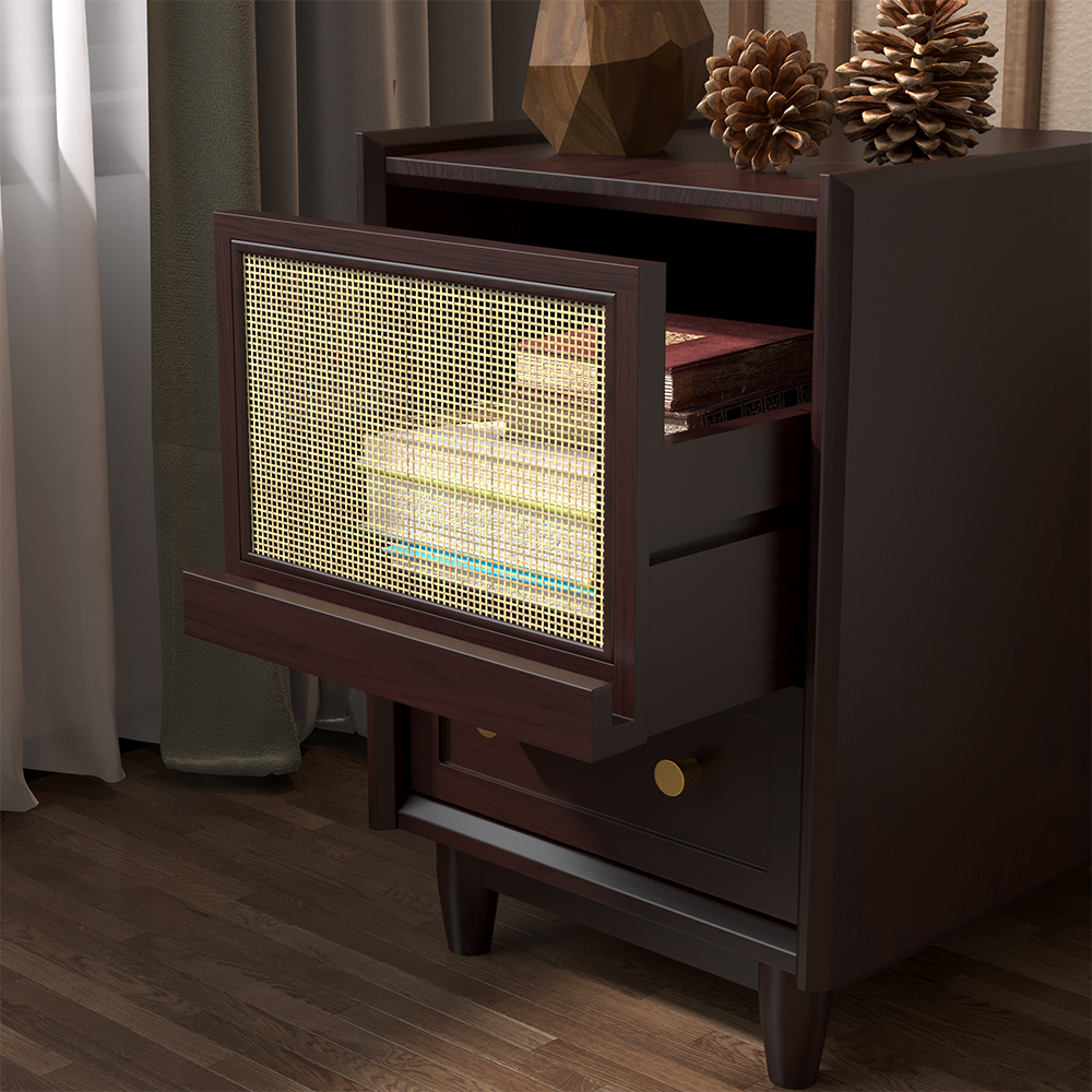 Rustic Rattan Black Walnut Nightstand with Storage Solid Wood 2 Drawer