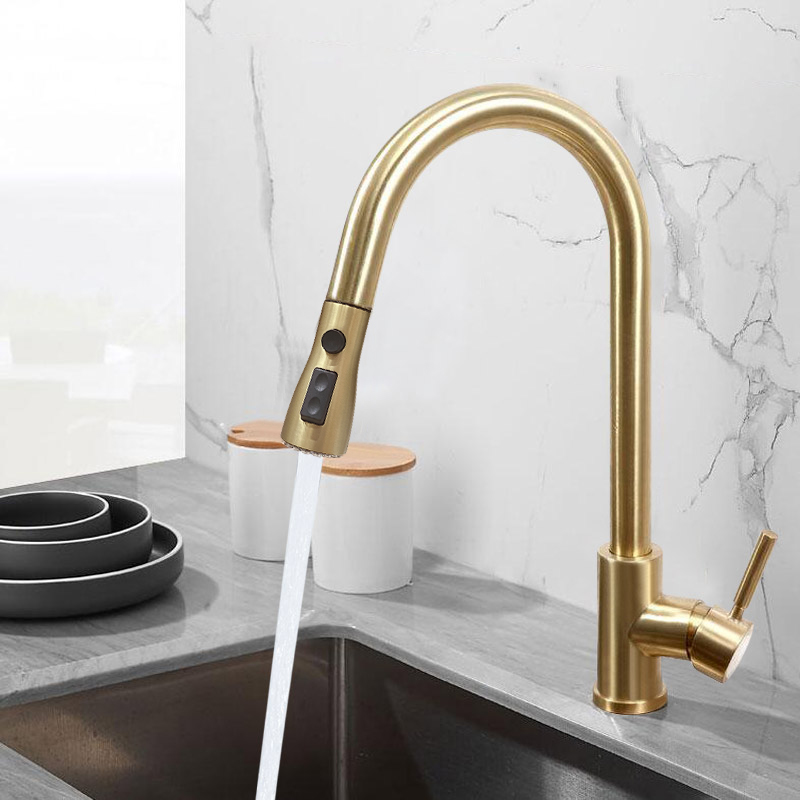 Pull Out Kitchen Faucet Brushed Gold With Double Function Sprayer   6540cfbddc5a40ae8751d06424fb6172 