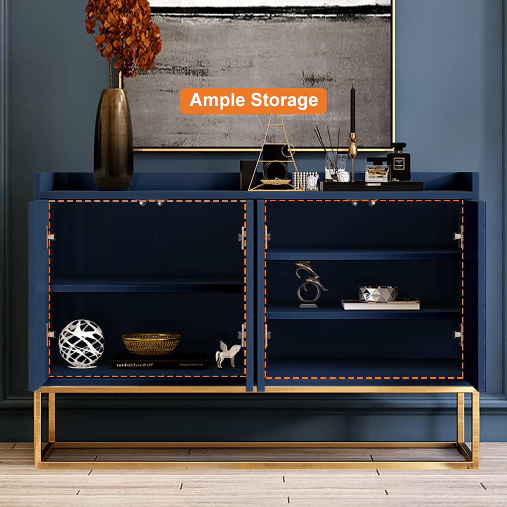 Modern 47" Blue Sideboard Buffet Storage Kitchen Cabinet with 4 Doors in Gold