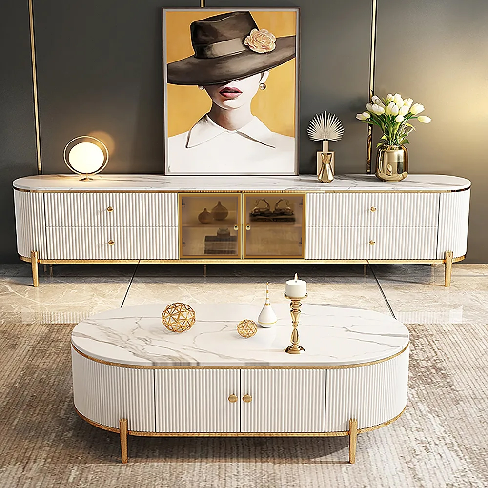 Yelly Modern White TV Stand with Faux Marble Top & Tempered Glass Doors ...