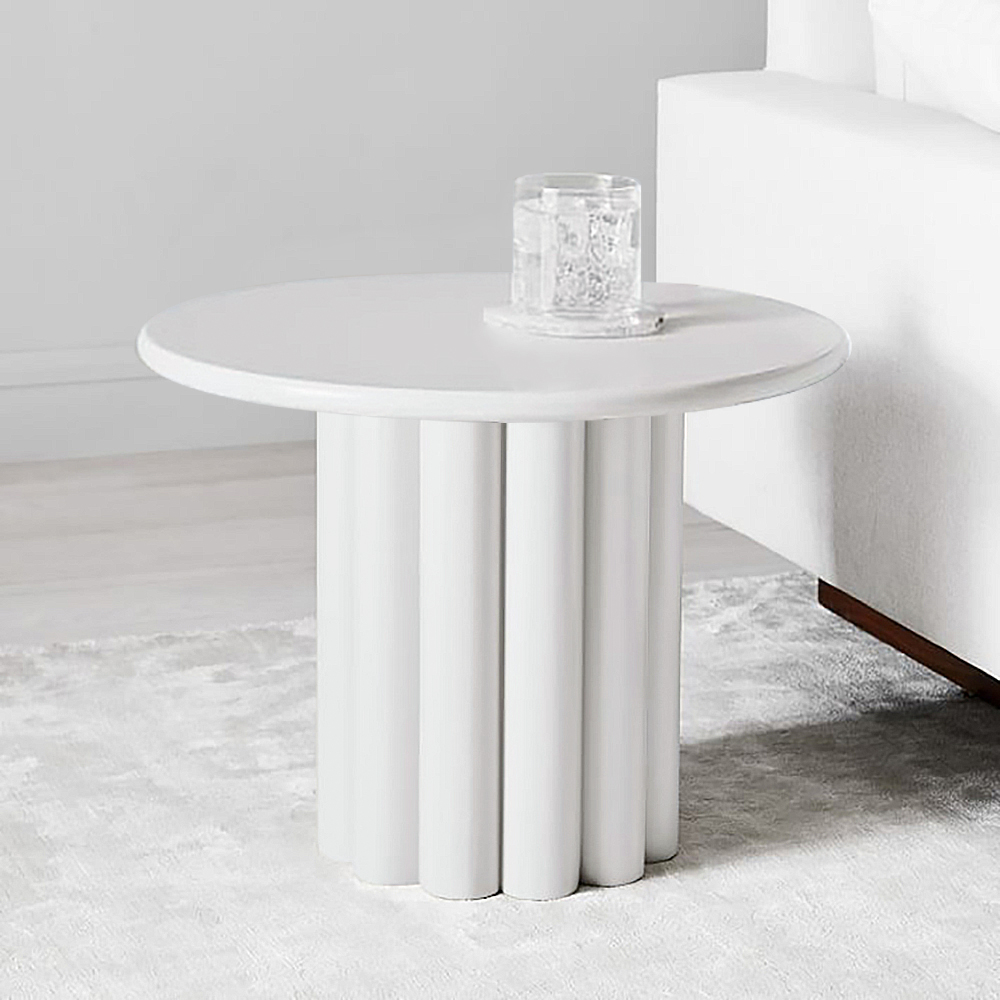 Yarnic Japandi White Fluted Side Table Round Wood End Table with Unique Design