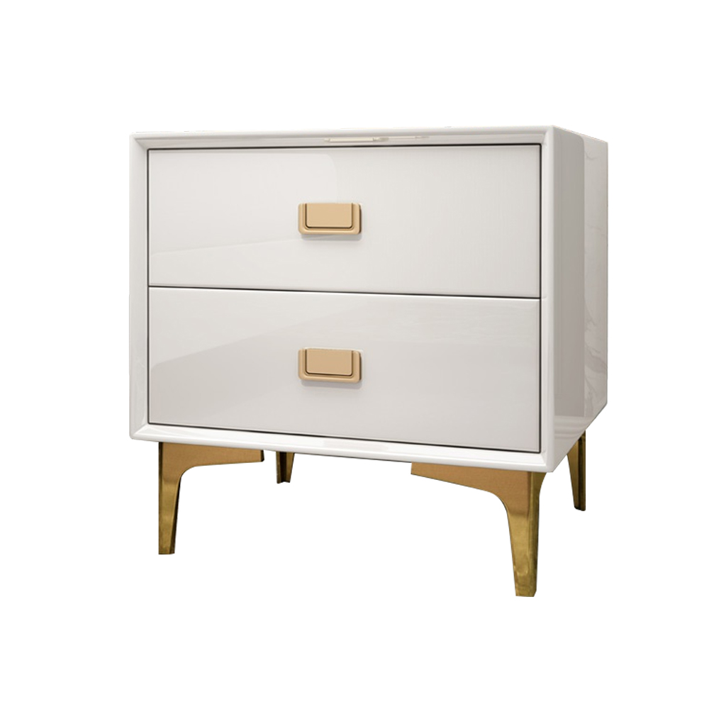 Modern White Bedside Table 2 -Drawer Nightstand in Gold Finish