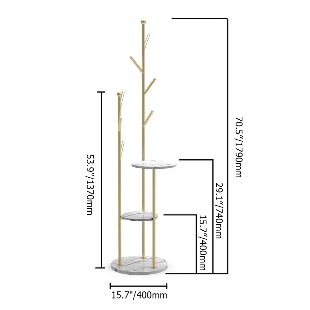 Gold Standing Coat Stand with 9 Hooks and 2 Shelves Modern Hallway