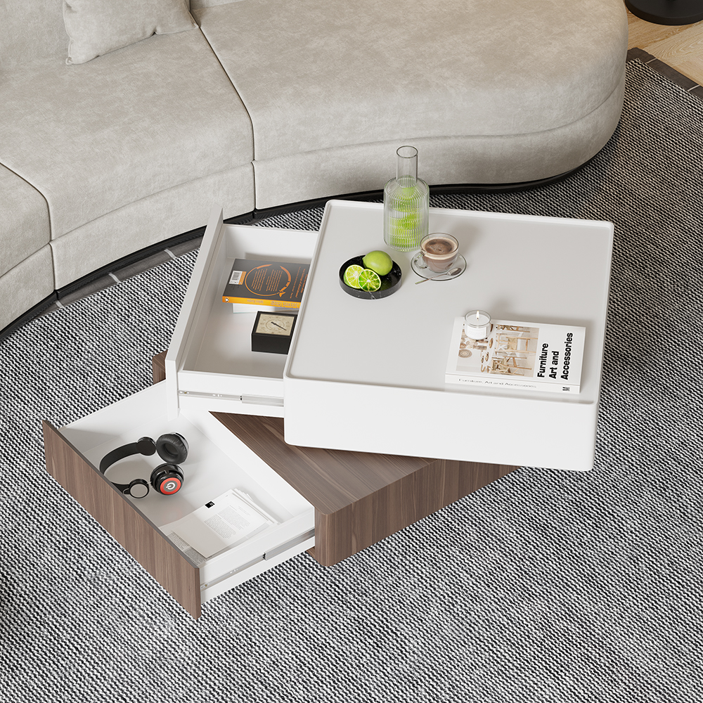 Modern Square Swivel Rotating Coffee Table with 2 Drawers in White & Walnut