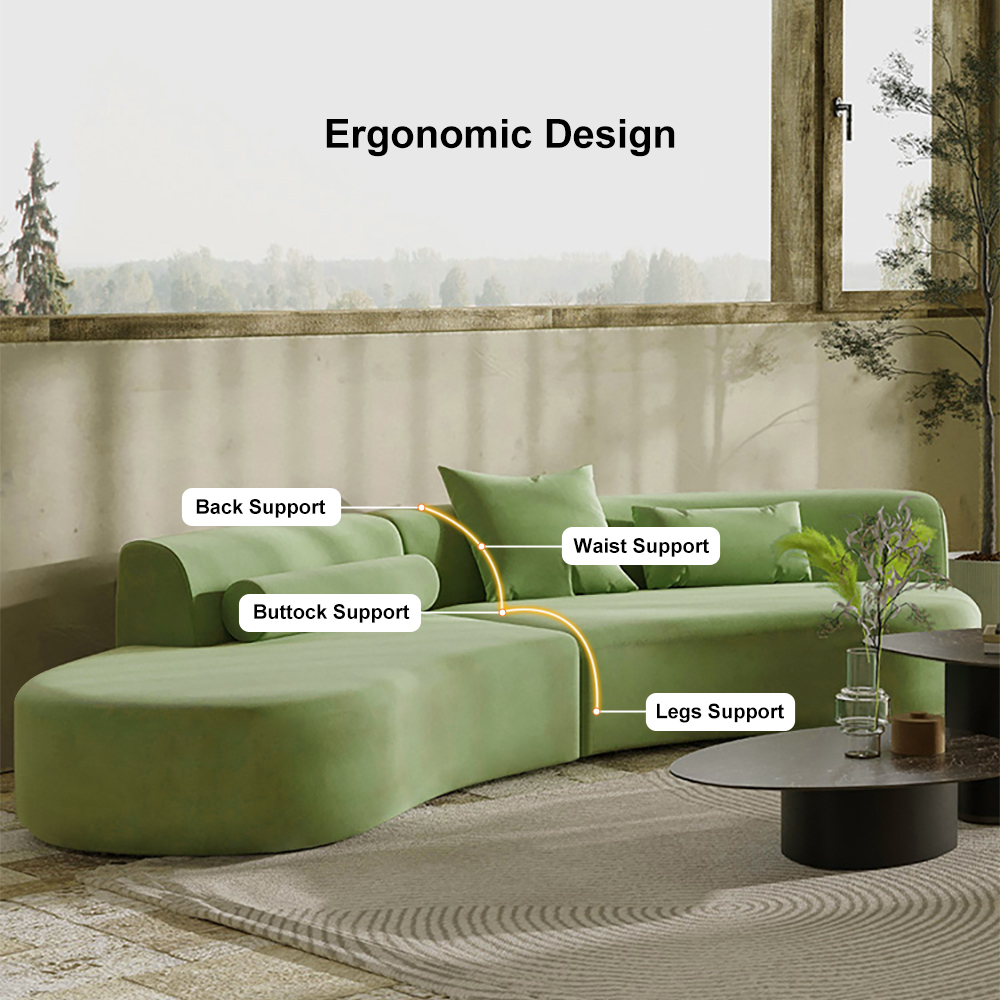 109" Modern Green Curved Velvet Sectional Sofa 4Seater Couch