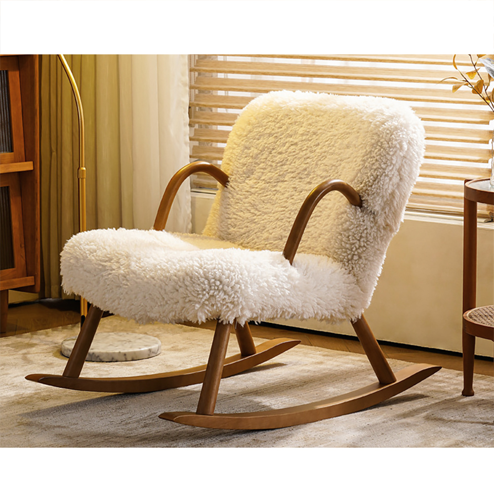 White Boucle Upholstery Rocking Chair Solid Wood Accent Chair in Walnut