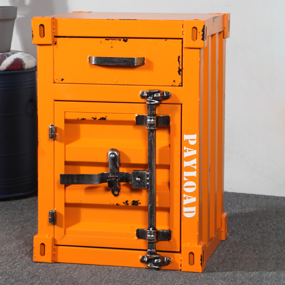 Ctainer Industrial Orange Nightstand Retro Bedside Storage Cabinet with Door & Drawer