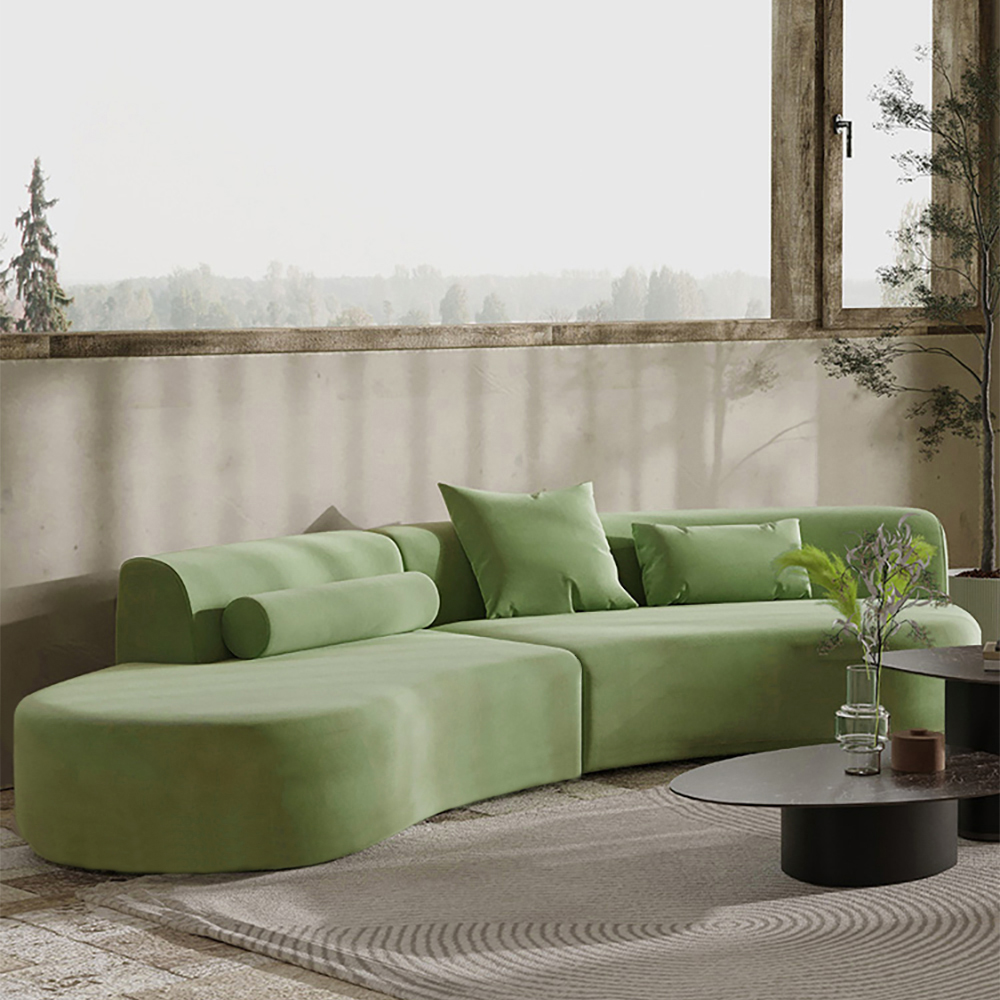 2780mm Modern Green Curved Velvet Sectional Sofa 4-Seater Couch Upholstered with Pillows