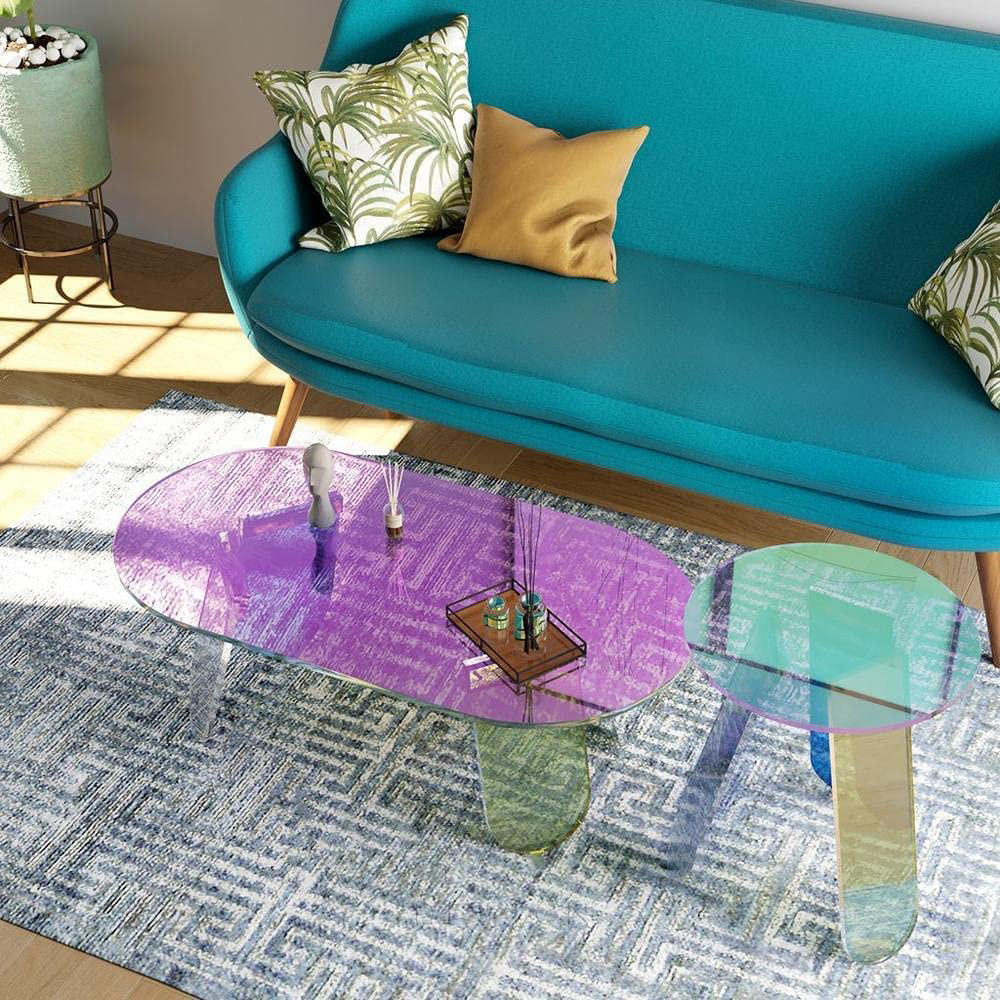 Clearic 47" Modern Acrylic Oval Coffee Table in Clear Iridescent with 4 Legs - Living Room ...