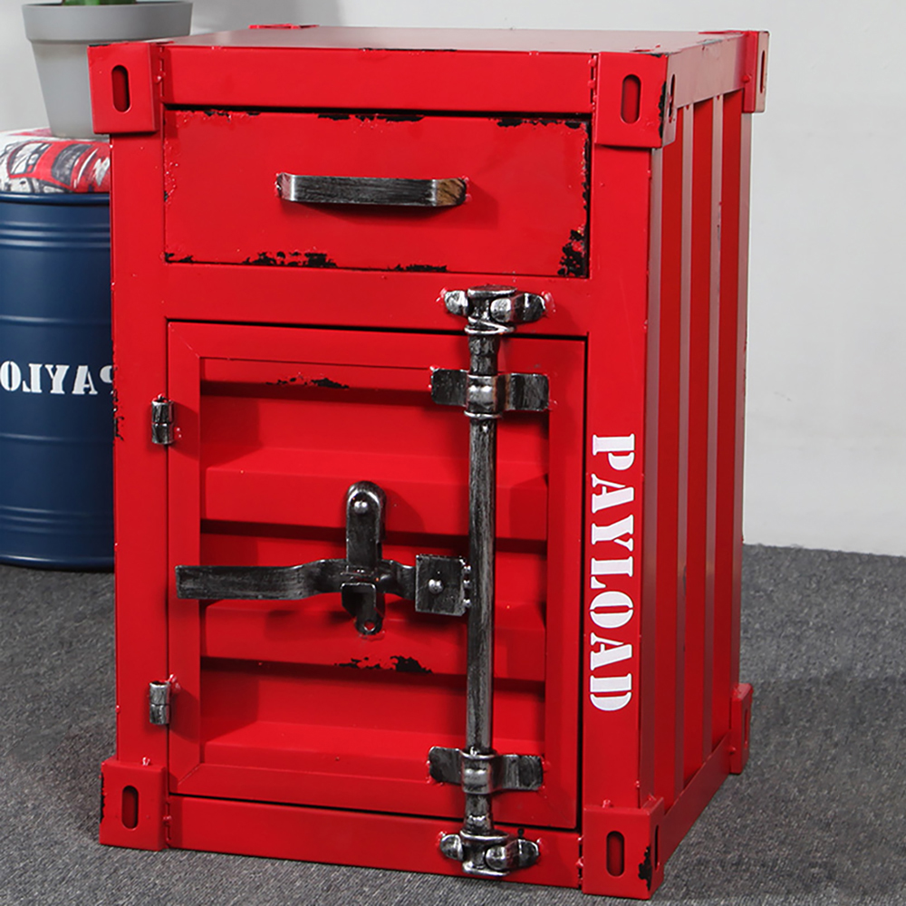 Ctainer Industrial Loft Red Nightstand Retro Bedside Storage Cabinet with Door & Drawer