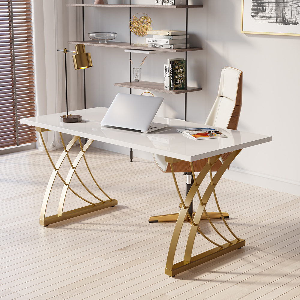 1400mm Modern White Rectangular Home Office Desk with Pine Wood Table Top & Gold Frame
