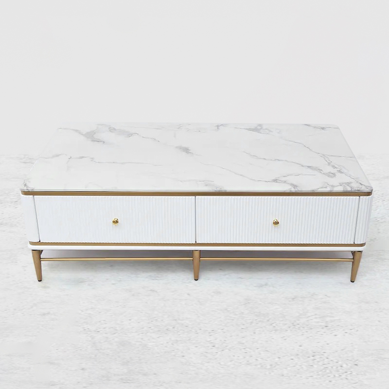Bline 1300mm White Faux Marble Rectangle Coffee Table in Gold with