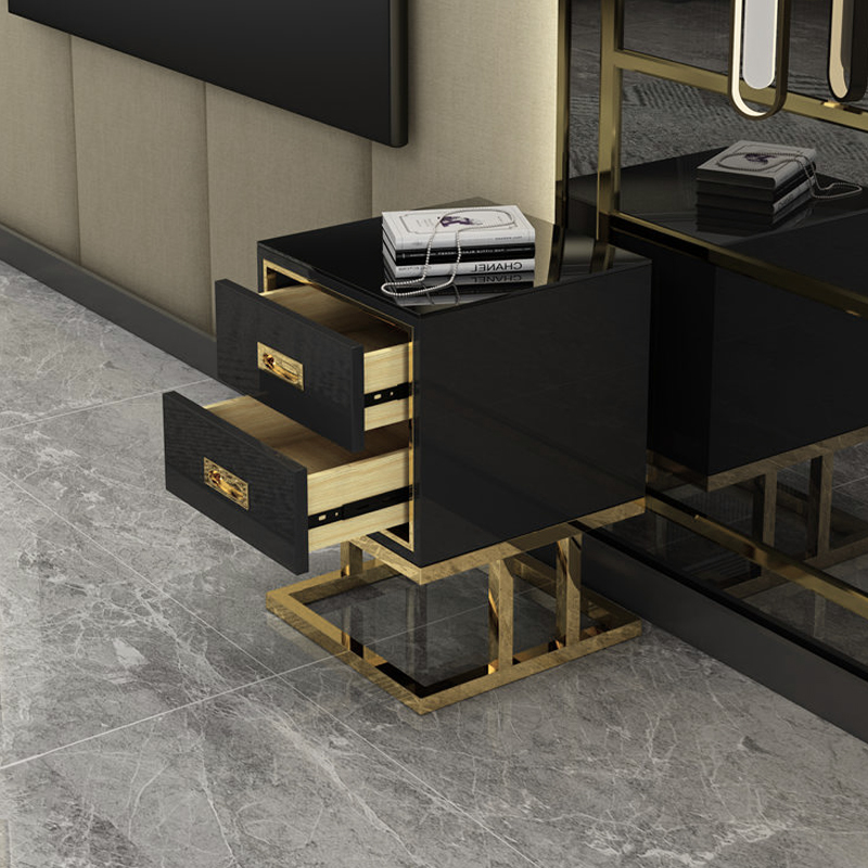 Modern Black Nightstand 2-Drawer Bedside Table with Tempered Glass Top & Gold Base
