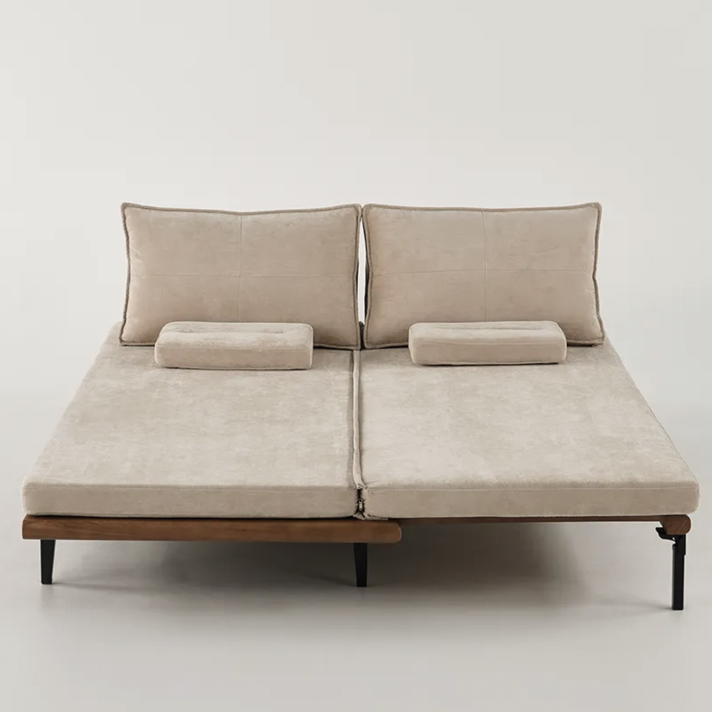 Japandi Pull Out Sofa Bed Khaki Wood Convertible Sleeper Sofa Cotton ...