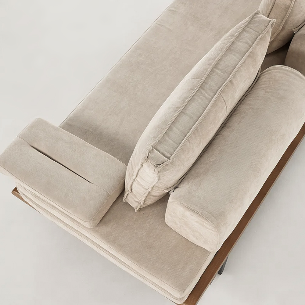 Japandi Pull Out Sofa Bed Khaki Wood Convertible Sleeper Sofa Cotton