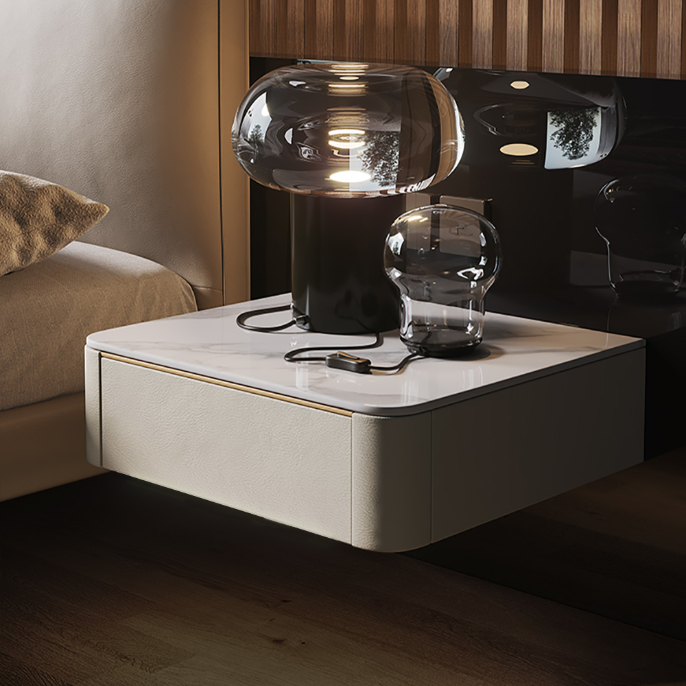 Modern White Floating Nightstand 1 Drawer Bedside Table with Sintered Stone Top
