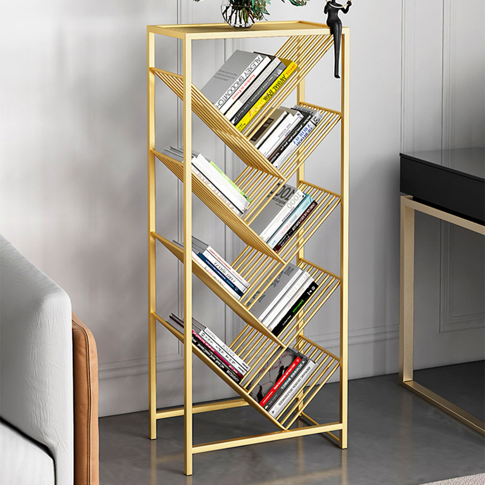Mid-Century Rectangular Bookshelf Metal Gold Bookcase with Shelves