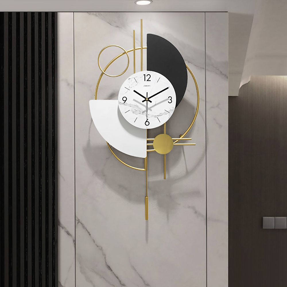 Modern 3D Round Wall Clock Decor Gold Pendulum Geometric Mute Metal Digital Home Clocks