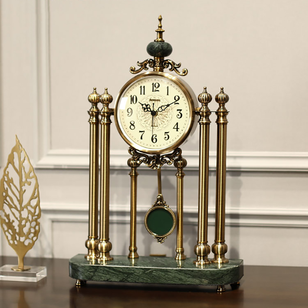 Retro Metal Bronze Round Mantel & Table Top Clock with Pendulum and Green Marble Base