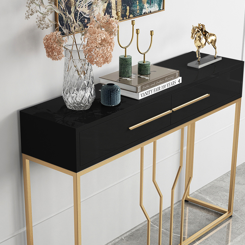 Narrow Console Table with Drawers Wood Top in Black - Entryway Furniture - Homary US