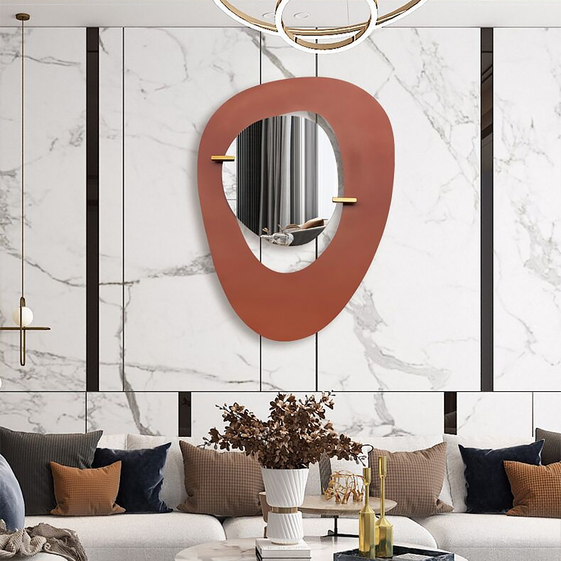Modern Large Asymmetrical Wall Mirror Decor with Metal Frame in Red