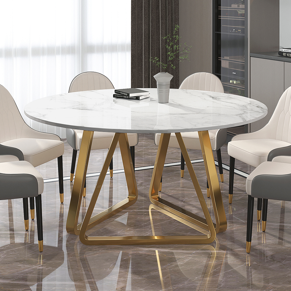 53" White Modern Round Faux Marble Dining Table with Stainless Steel Base