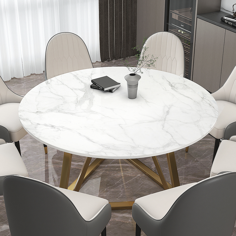 59'' White Modern Round Faux Marble Dining Table Stainless Steel Base for 8 Seaters
