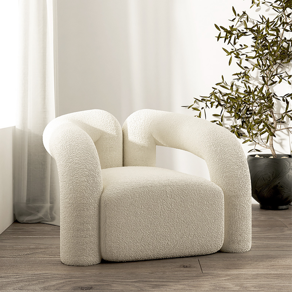 Modern White Boucle Accent Chair Shaggy Armchair for Living Room