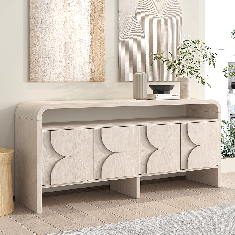 71" Wood Sideboard Buffet Japandi Distressed White Credenza with