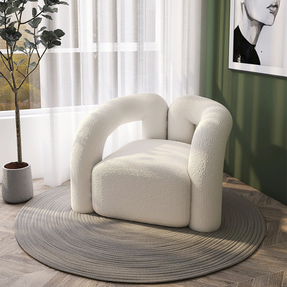 Modern White Boucle Accent Chair Shaggy Armchair for Living Room