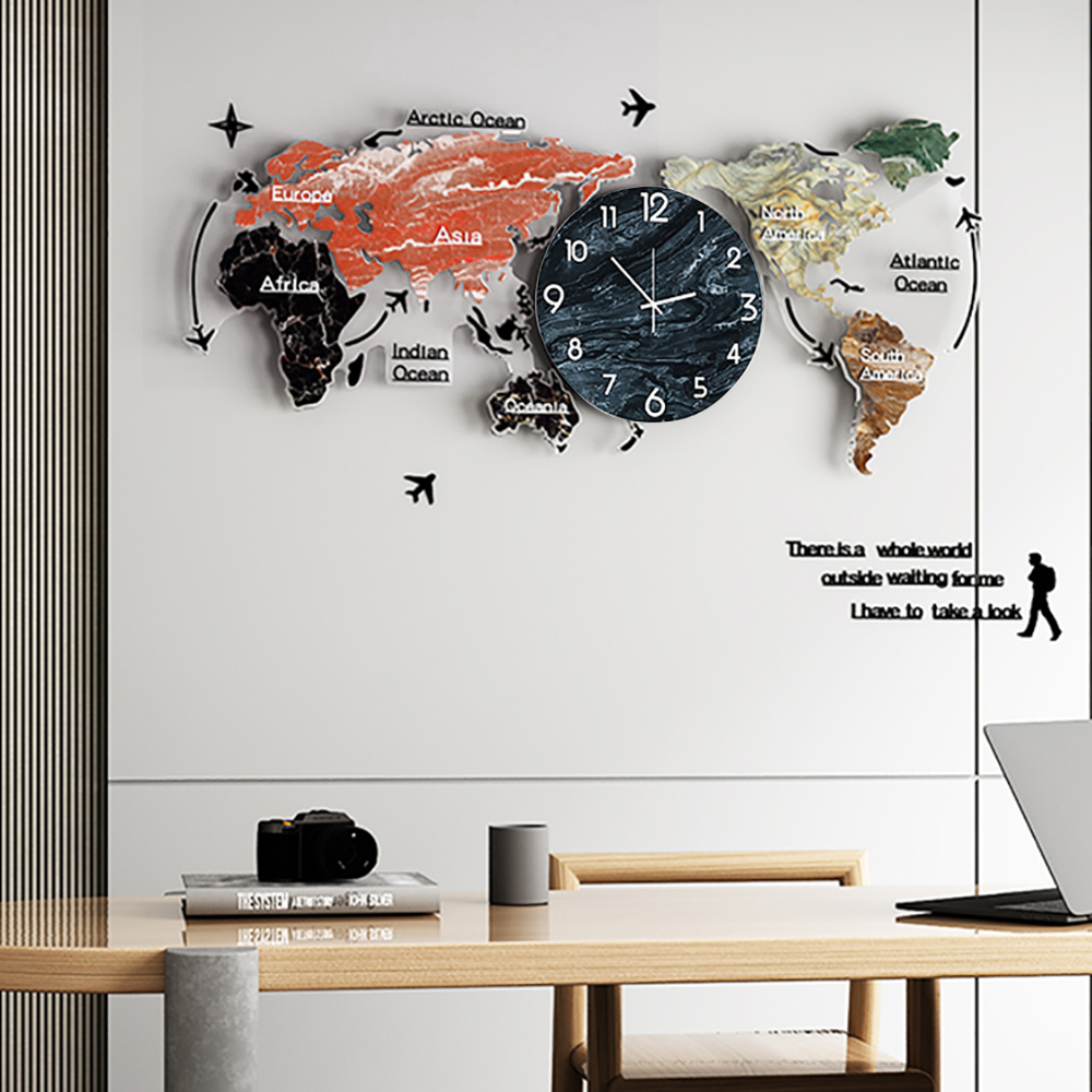 Modern Large World Map Wall Clock Home Decor Art - Clocks - Homary US
