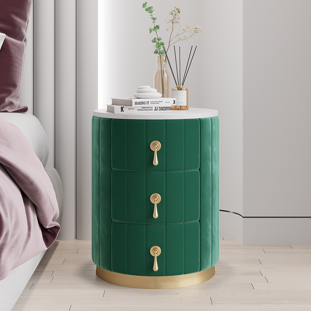 Modern Nightstand Green Round Nightstand with 3 Drawers Nightstand with