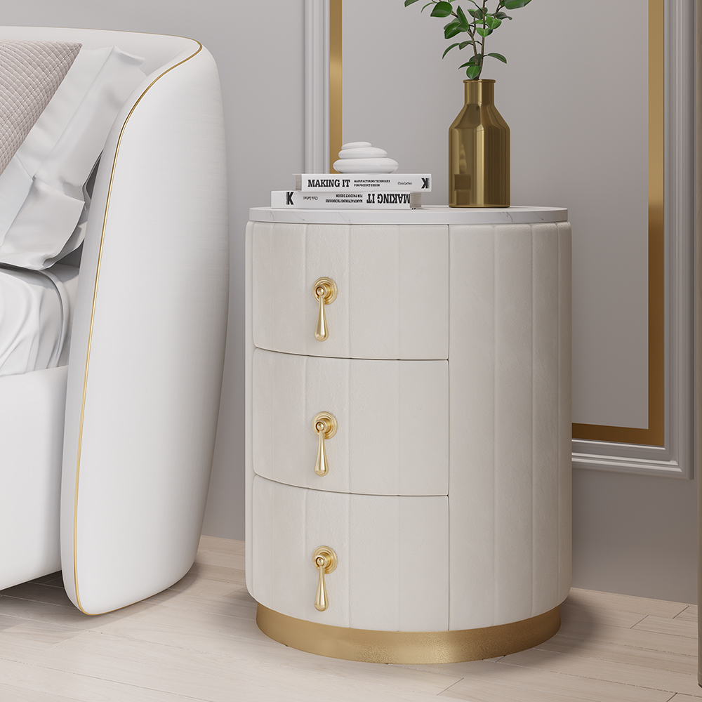 White Velvet Nightstand with Storage Round Nightstand with 3 Drawers