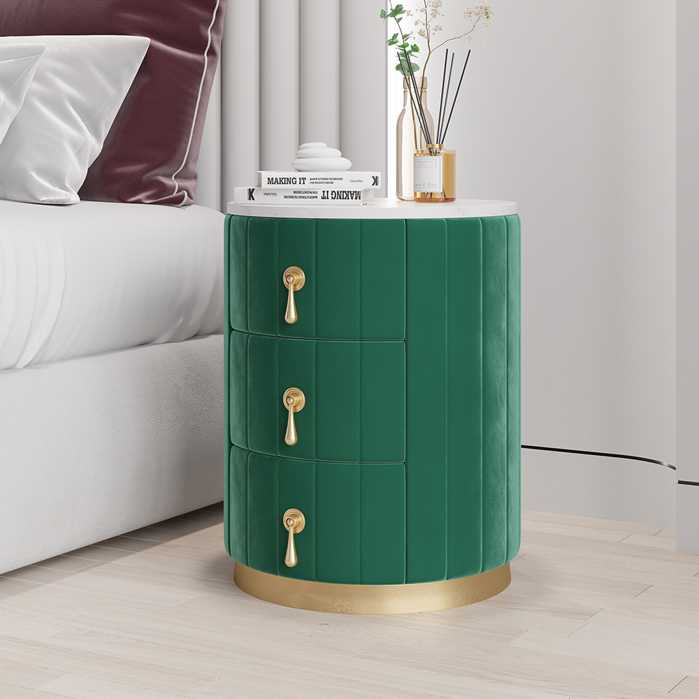 Modern Nightstand Green Round Nightstand with 3 Drawers Nightstand with