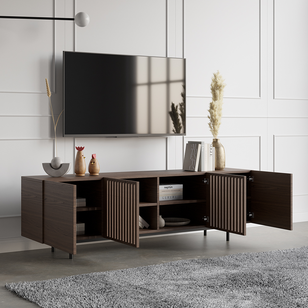 Minimalist Slatted Media Console TV Stand in Walnut with Shelves for TVs Up to 2032mm