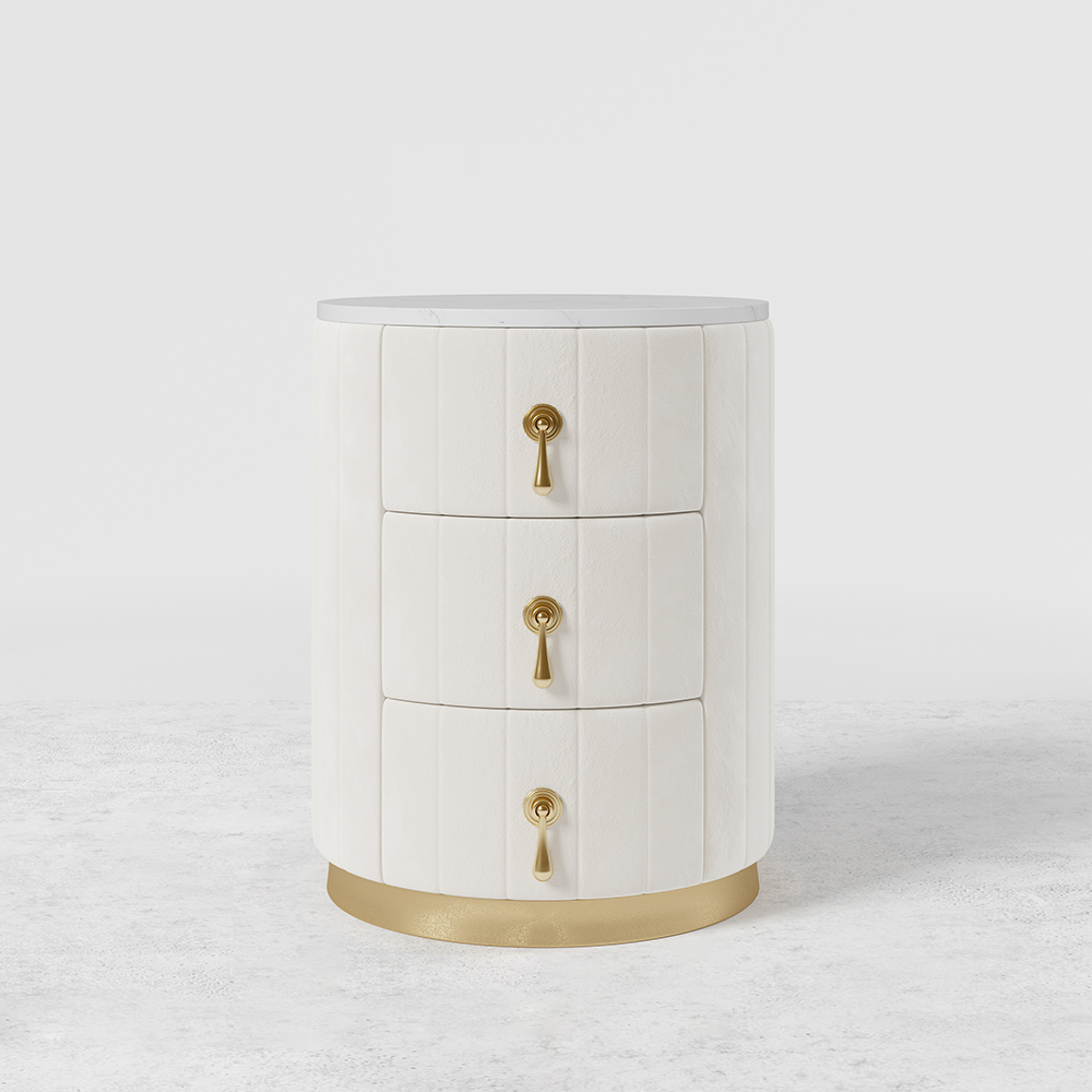 White Velvet Nightstand with Storage Round Nightstand with 3 Drawers
